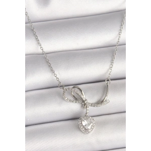 316L Çelik Gümüş Renk Zincir Zirkon Taşlı Düğüm Sallantı Kalp Figür Kadın Kolye