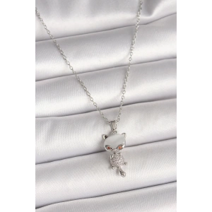 316l Çelik Gümüş Renk Zincir Zirkon Taşlı Kedi Model Kadın Kolye