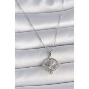 316l Çelik Gümüş Renk Zincir Zirkon Taşlı Pusula Model Kadın Kolye