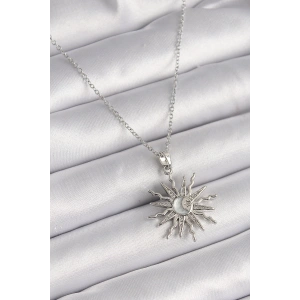 316l Çelik Gümüş Renk Zincir Zirkon Taşlı Güneş Model Sedefli Ay İşleme Detay Kadın Kolye