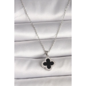 316L Çelik Gümüş Renk Zincir Zirkon Taşlı Yonca Model Kadın Kolye