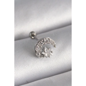 316L Çelik Gümüş Renk Zirkon Taşlı Ay Yıldız Tragus Piercing