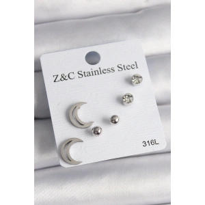 316L Çelik Gümüş Renk Zirkon Taşlı Hilal Model Kadın Küpe Seti