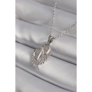 316l Çelik Gümüş Renk Zirkon Taşlı Kanat Model Kadın Kolye