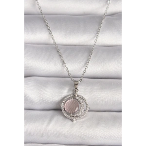 316l Çelik Gümüş Renk Zirkon Taşlı Pembe Sedefli Hilal Model Kadın Kolye