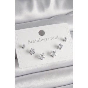 316L Çelik Gümüş Renk Zirkon Taşlı Yıldız Model Kadın Küpe Seti