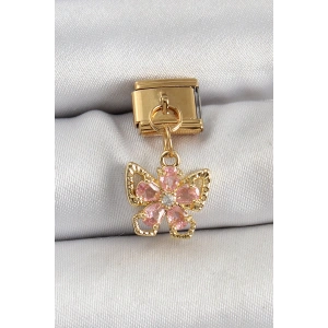 316L Çelik Sallantılı Zirkon Taşlı Çiçek Figürlü Kelebek Model Gold Renk Nomination Charm