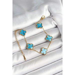 316L Çelik Sedefli Gökyüzü Mavisi Gold Renk Yonca Kadın Bileklik