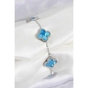 316L Çelik Sedefli Gökyüzü Mavisi Gümüş Renk Yonca Kadın Bileklik