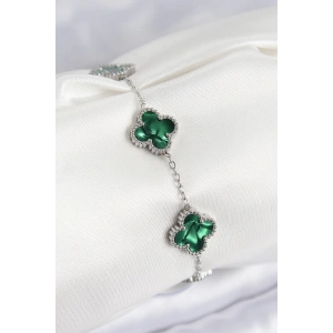 316L Çelik Sedefli Zümrüt Yeşil Gümüş Renk Yonca Kadın Bileklik