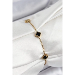 316L Çelik Siyah Sedef Yonca Model Gold Renk Kadın Bileklik