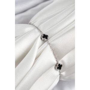 316L Çelik Siyah Sedef Yonca Model Gümüş Renk Kadın Bileklik