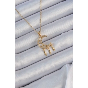 316l Çelik Zincir Altın Renk İşlemeli Zirkon Taşlı Ay Kolye