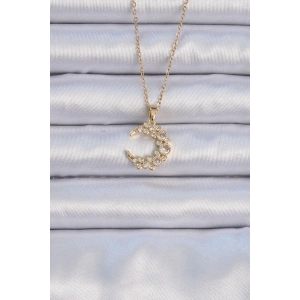 316L Çelik Zincir Altın Renk Zirkon Taşlı Ay Kolye