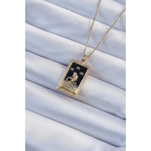 316l Çelik Zincir Altın Renk Zirkon Taşlı Siyah Mineli Kız Figürlü Tarot Kolye