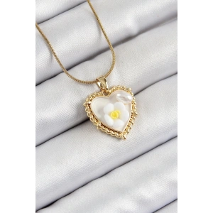 316L Çelik Zincir Beyaz Sanatsal Portre İnci Detaylı Papatya Figürlü Kalp Model Gold Renk Kadın Kolye