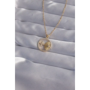 316L Çelik Zincir Gold Renk Zirkon Taşlı Yıldız Figürlü Oval Kolye