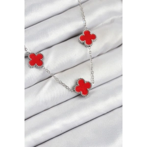 316l Çelik Zincir Gümüş Kırmızı Renk Yonca Kadın Kolye