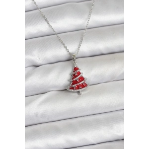 316l Çelik Zincir Gümüş Renk Kırmızı Çam Ağacı Model Yılbaşı Temalı Kadın Kolye