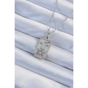 316l Çelik Zincir Gümüş Renk Lila Zirkon Taşlı Tarot Kolye