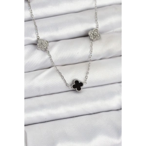 316l Çelik Zincir Gümüş Renk Siyah Ve Zirkon Taşlı Baby Boy Yonca Kadın Kolye
