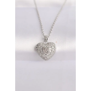 316l Çelik Zincir Gümüş Renk Zirkon Taşlı Kalp Kolye