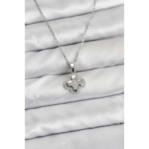 316l Çelik Zincir Gümüş Renk Zirkon Taşlı Yonca Model Kadın Kolye