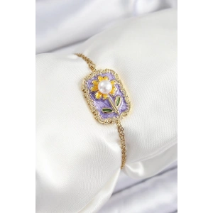 316L Çelik Zincir Mor Mineli Sanatsal Portre İnci Detaylı Papatya Model Gold Renk Kadın Bileklik