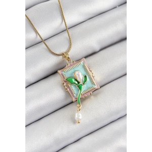 316l Çelik Zincir Turkuaz Sanatsal Portre Sallantılı İnci Detaylı Lale Model Gold Renk Kadın Kolye