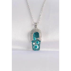 316l Çelik Zincir Zirkon Taşlı Gümüş Renk Nazarlı Terlik Tasarımlı Kolye