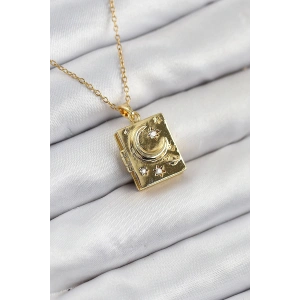 316l Çelik Zirkon Taşlı Açılabilr Kapaklı Kitap Model Gold Renk Kadın Kolye