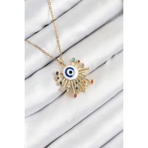 316l Çelik Zirkon Taşlı Nazar Model Gold Renk Kadın Kolye