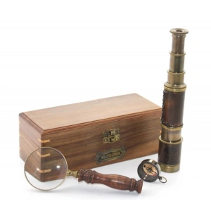 Ahşap Kutu Pirinç Pusula, Dürbün, Büyüteç, Seti Model 2