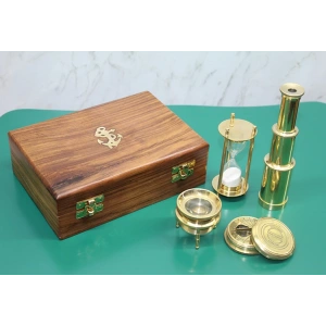 Ahşap Kutulu Dürbün, Kum Saati, Büyüteç, Pusula Seti