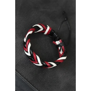 Bordo Beyaz Siyah Örgü Deri Erkek Bileklik
