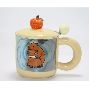 Capybara Desenli Kapaklı Kaşıklı Porselen Kupa Bardak