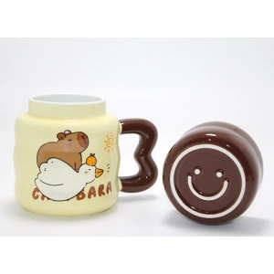 Capybara Tasarımlı Isı Muhafazalı Kapaklı Porselen Bardak