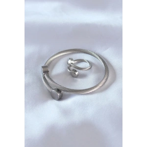 Çelik Gümüş Renk Sıkı Burgu Model Erkek Bileklik Yüzük Seti