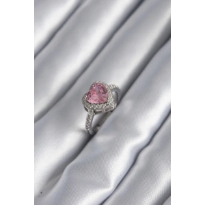 Gümüş Renk Pembe Zirkon Taşlı Charm Kalp Model Kadın Yüzük