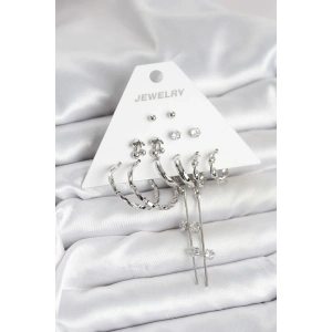 Gümüş Renk Pirinç 6lı Kadın Küpe Seti