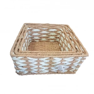 Kare Örgü Desenli Doğal Hasır Sepet Seti - 3lü