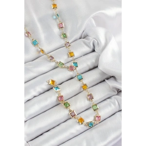 Pirinç Asorti Kare Model Gold Renk Zirkon Taşlı Y Kolye