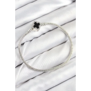 Pirinç Charm Zirkon Taşlı Yonca Model Gümüş Renk Kadın Bileklik