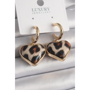 Pirinç Gold Renk 3D Kalp Leopar Model Kadın Küpe