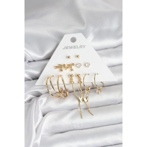 Pirinç Gold Renk 6 Çiftli Kadın Küpe Seti