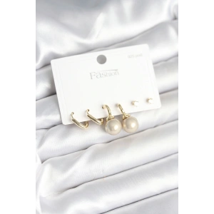 Pirinç Gold Renk İnci Detaylı 925 Gümüş Çivili Kadın Küpe Seti