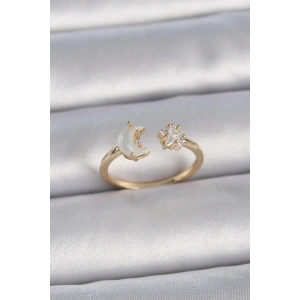 Pirinç Gold Renk İncili Hilal Zirkon Taşlı Yıldız Ayarlanabilir Model Kadın Yüzük