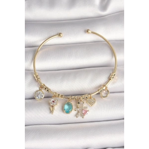 Pirinç Gold Renk Sallantı Zirkon Taşlı AYıcık Figür Kalp Detay Charm Kadın Bileklik