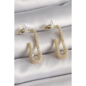 Pirinç Gold Renk Zirkon Taşlı Çengelli İğne Model Kadın Küpe
