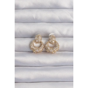 Pirinç Gold Renk Zirkon Taşlı Oval Form Küpe